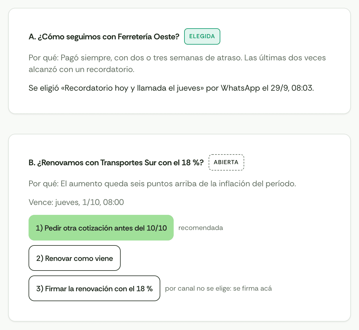 El briefing en el portal de YoRobot: la decisión A ya elegida por WhatsApp, y la B abierta, con la opción irreversible marcada «por canal no se elige: se firma acá».